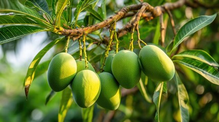 Lush green mangoes dangle from a sturdy branch surrounded by vibrant leaves in a sunlit orchard. The scene captures the essence of summer fruit-growing season.