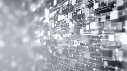 Obraz premium The artwork showcases an abstract representation filled with shimmering silver and white squares and lines, symbolizing rapid technological movement and data transmission.