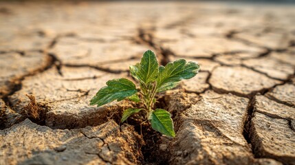 A small green plant emerges from cracked, dry soil, showcasing nature's determination to survive in harsh, arid environments. The scene captures the struggle for life against challenging conditions.