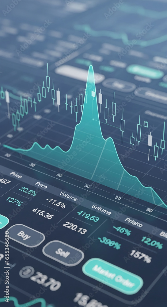 Poster close-up of a stock market chart displayed on a screen, showing price and volume data, with buy and 