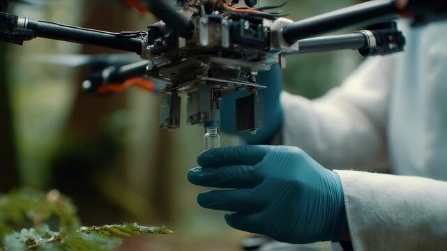 Medium shot capturing the drones mechanical claw releasing a sealed vial for collection by a scientist with surroundings out of focus to stress advanced sample retrieval in natural
