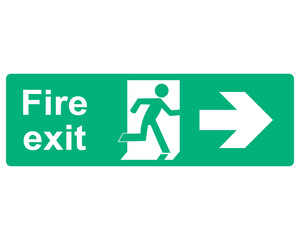 Transparent PNG file of green and white vector graphic of a fire exit sign. It consists of an arrow pointing right  indicating the direction of escape a person in a firedoor and the text Fire Exit.