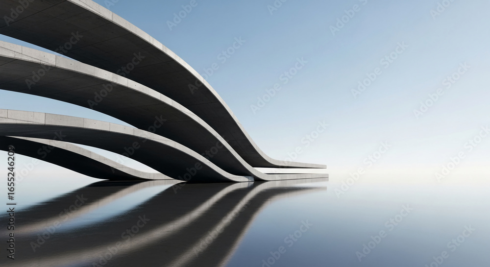 Aufkleber abstract image of curved concrete structures reflecting on calm water, showcasing modern architectur