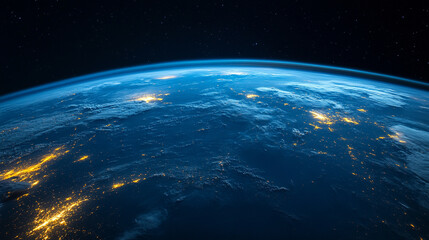 Stunning twilight view of Earth from space with glowing horizon and city lights, cosmic perspective highlighting planet beauty, atmosphere, and universal wonder.