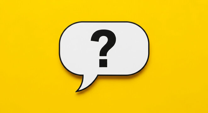 White speech bubble with black question mark on yellow background, showcasing uncertainty, inquiry, or a need for information, ideal for FAQ pages or help sections