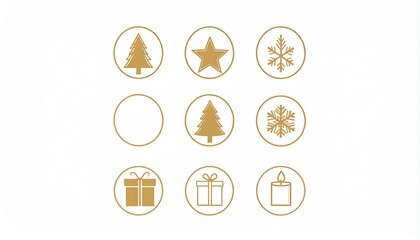 Fototapeta premium Minimalist Scandinavian-style holiday icon set featuring Christmas tree, star, snowflake, gift, and candle in clean modern design. Perfect for festive graphics, winter decor, and seasonal branding.