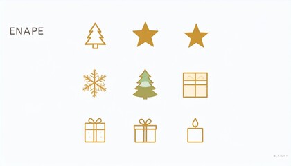 Minimalist Scandinavian-style holiday icon set featuring Christmas tree, star, snowflake, gift, and candle in clean modern design. Perfect for festive graphics, winter decor, and seasonal branding.