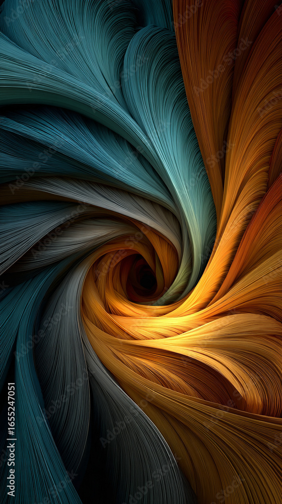 Poster abstract swirling forms creating depth and motion, dynamic visual composition symbolizing creativity