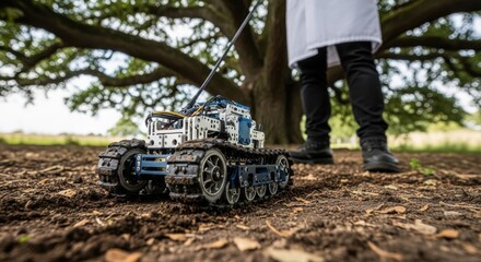 Robotic vehicle exploration by young caucasian adult in outdoor setting