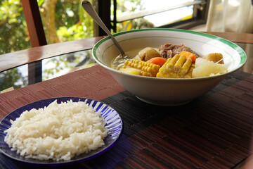Typical Costa Rican soup called olla de carne, a typical Costa Rican dish with white rice, chayote...