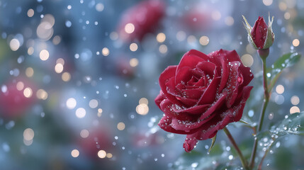 Macro view of a red rose with dewdrops glistening, petals slightly unfurling, soft-focus surrounding haze giving ethereal, dreamlike feel