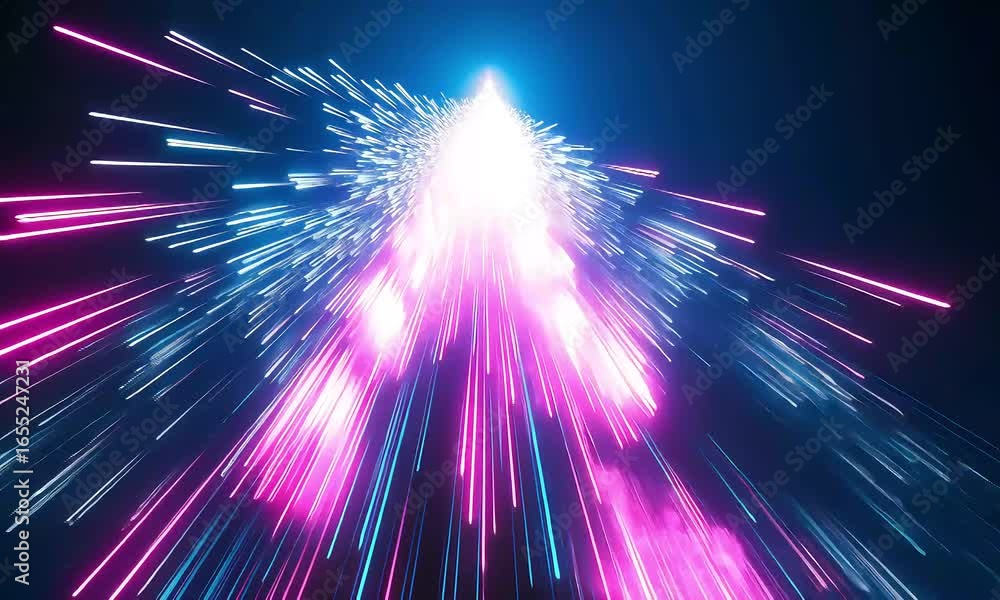 Poster dynamic surge of neon pink and blue light trails simulating highspeed digital data flow.