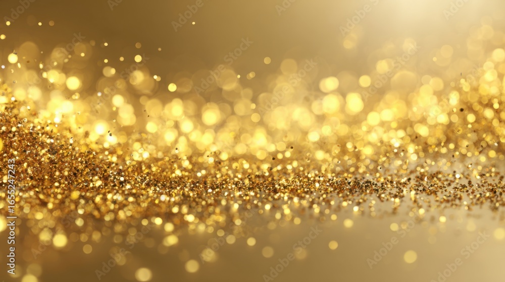 Aufkleber golden glitter scatters across a smooth surface, reflecting light and creating a magical atmosphere.