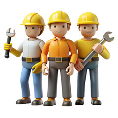 Three cartoon construction workers wearing yellow hard hats and holding wrenches standing together as a team isolated on transparent background