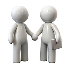 Two abstract white figures shaking hands in a partnership agreement with one holding a tablet isolated on transparent background