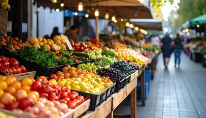 High-quality, professional marketing-style photograph of colorful fruit and vegetable market stalls, shot with a 50mm lens, eye-level angle, minimalist composition with clear focal point on produce, s