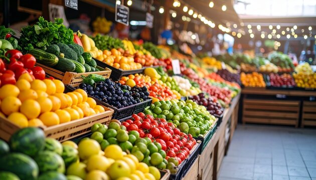 High-quality, professional marketing-style photograph of colorful fruit and vegetable market stalls, shot with a 50mm lens, eye-level angle, minimalist composition with clear focal point on produce, s