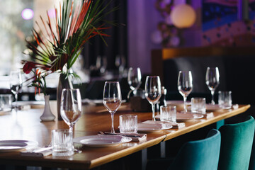 Elegant restaurant table setting with glassware