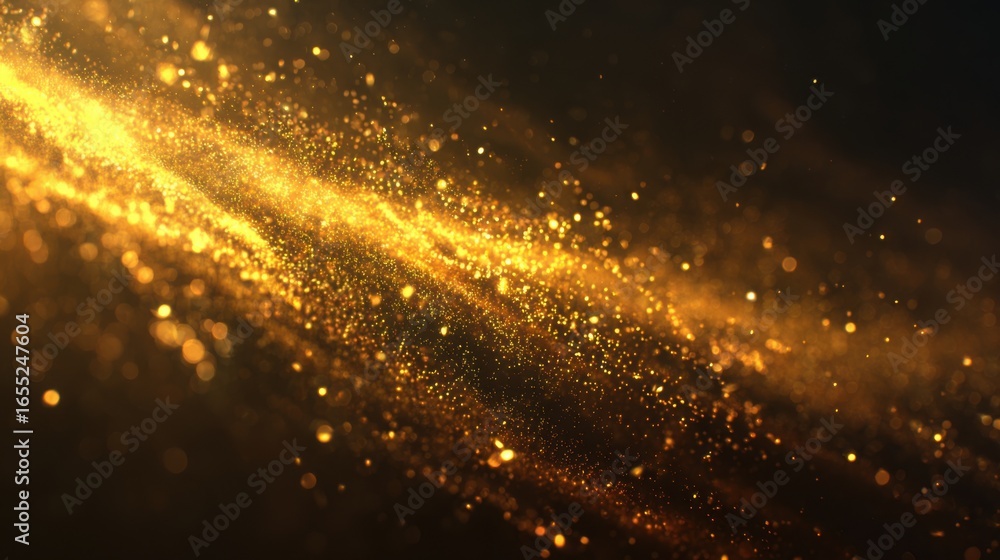 Poster bright golden particles dance through the air, creating a captivating visual effect that resembles a