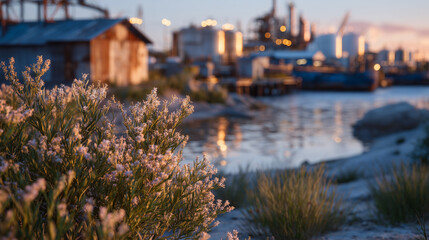 Emerging greenery in front of metal factory structures, tender plant bathed in golden hour light, contrast between natural vitality and industrial decay emphasized