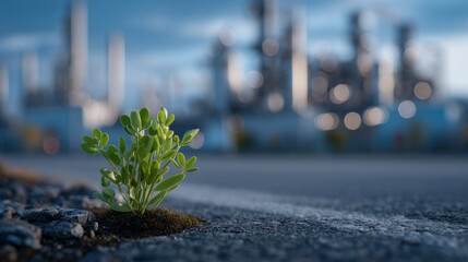 Single green shoot piercing through asphalt, industrial chimneys in soft focus, morning sunlight illuminating tiny leaves, evoking theme of sustainability and renewal