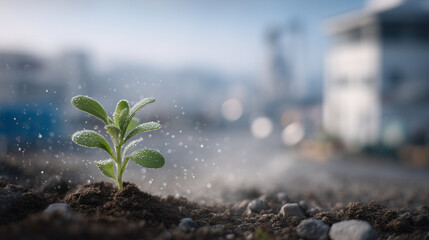Close-up perspective: small sprout emerging from industrial waste area, dew glistening on leaves, background of faded metal and concrete emphasizing contrast