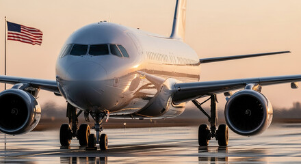Close-up of airplane on runway at sunset, reflecting golden light.  Symbolizes travel, adventure, and global connectivity