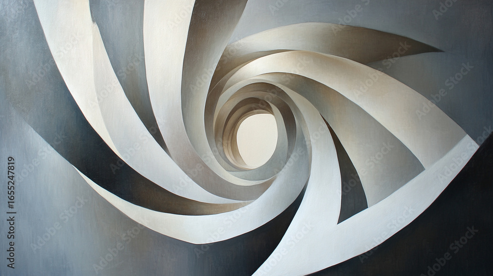 Poster abstract swirling forms creating depth and motion, dynamic visual composition symbolizing creativity