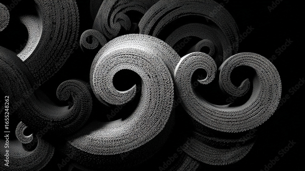 Poster abstract swirling forms creating depth and motion, dynamic visual composition symbolizing creativity