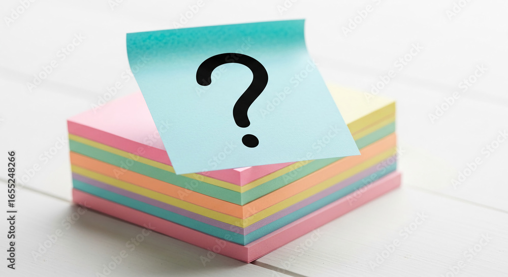 Aufkleber pastel colored sticky notes stack with a light blue note showing a question mark, symbolizing questi