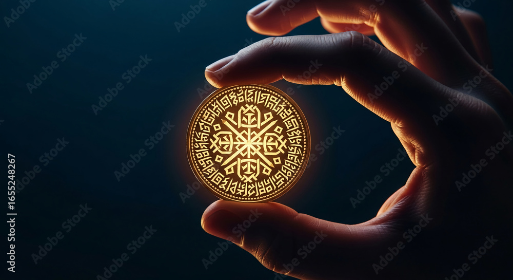 Poster close-up of hand holding illuminated golden coin with intricate design, showcasing symbolic value an