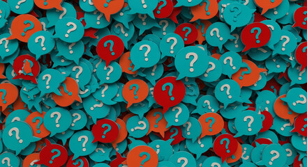 Numerous teal and orange question mark speech bubbles, creating a dense, textured background symbolizing uncertainty, inquiry, or brainstorming