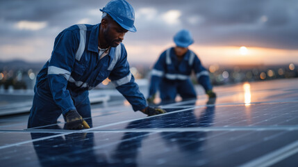 Precision installation of solar panels on sloped rooftop, workers aligning panels perfectly, reflective surfaces catching sunlight, emphasizing sustainable technology