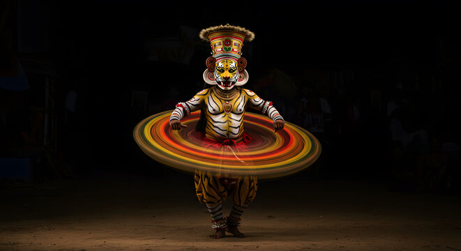 Puli kali dance onam festival performance motion blur spin artist tiger costume Kerala culture tradition art India background entertainment