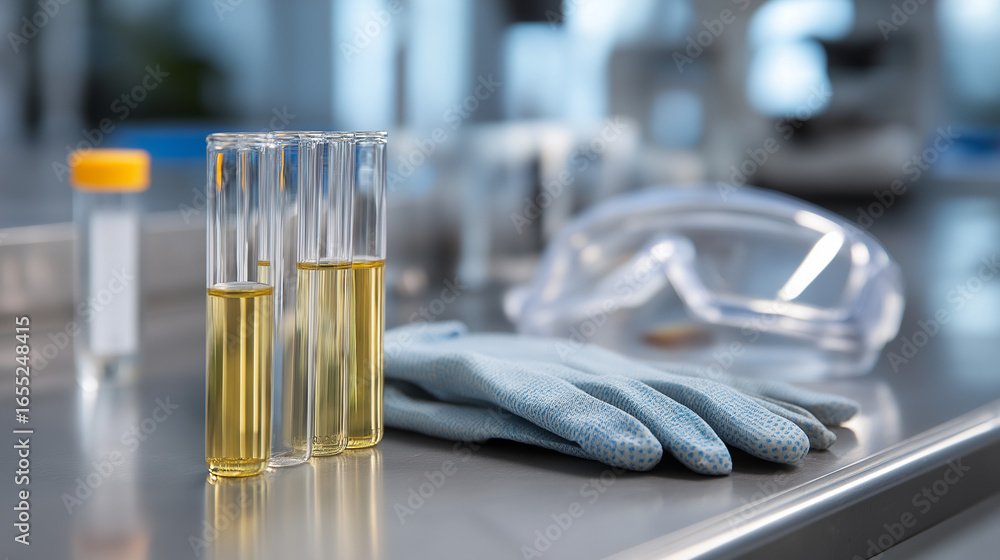 Poster modern laboratory setup with vials and hydrometer reading