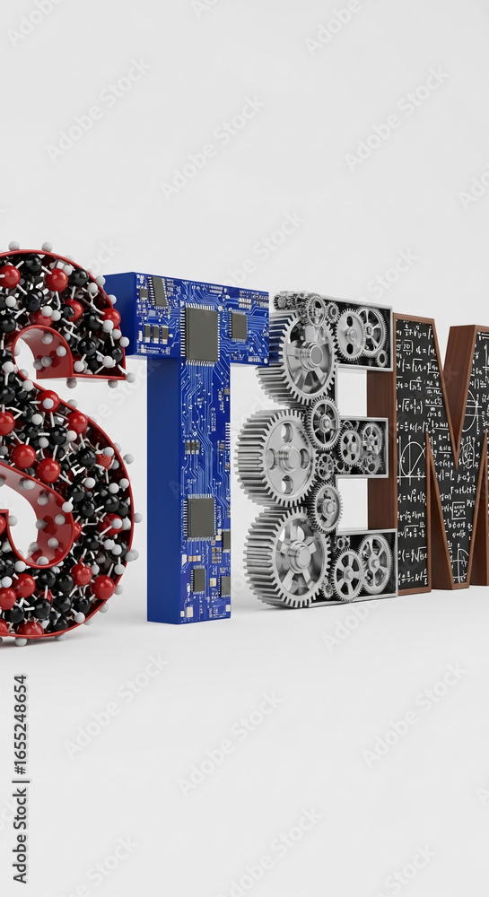 Poster 3d rendering of stem acronym with science, technology, engineering, and mathematics elements, showca