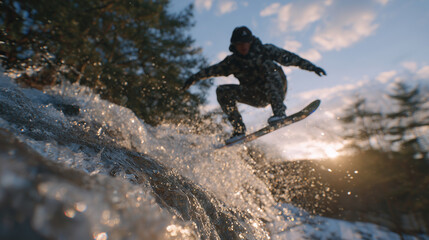 Cinematic perspective of skater leaping gracefully over ice, golden sunset light filtering through nearby trees, ice sparkling under fading sunlight