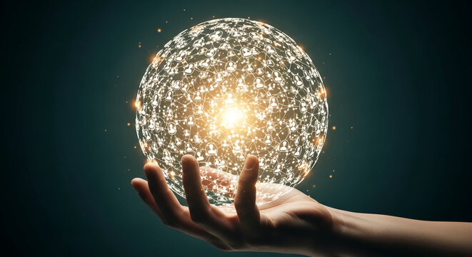 Hand holding glowing sphere network, symbolizing global connection, community, teamwork, and digital collaboration, ideal for tech or business concepts