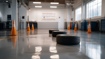 Modern Tire Maintenance Bay with Torque Chart and Wheel Chocks