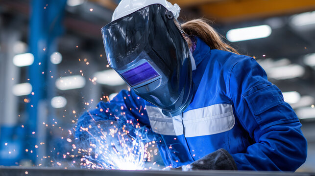 Female welder leaning over steel framework, sparks flying in slow motion, safety gear reflecting workshop lights, action-focused composition - Powered by Adobe
