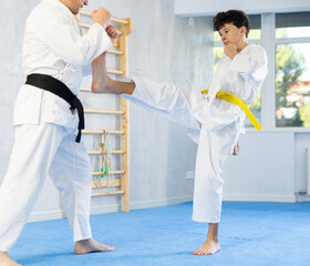 Karate lesson for teenager - guy and trainer are sparring in the gym