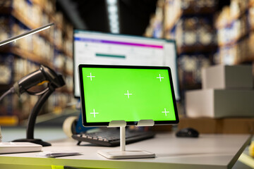 Empty storage room depot shows screen with copy space mockup, fulfillment center shipping cargo...