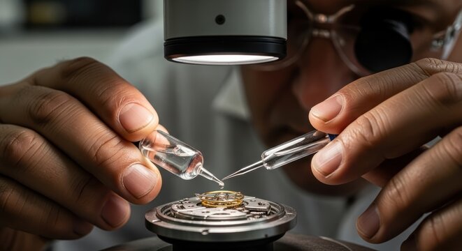 Caucasian male watchmaker performing precision repair under microscope - Powered by Adobe