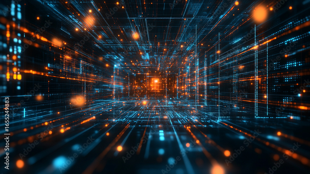 Poster abstract technology background with electrical signals and digital connectivity, modern computing wa