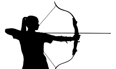 A black and white silhouette of a woman who takes aim before firing, pulling the bowstring. White isolated background. Vector graphics. EPS.