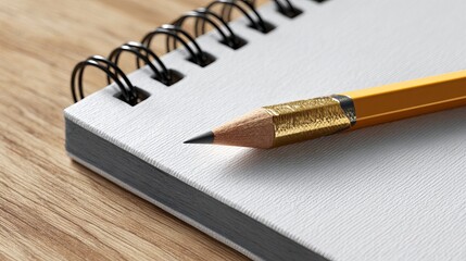 Detailed shot showcases a yellow pencil lying on a crisp white spiral-bound notebook resting on a wood surface ready for notes.
