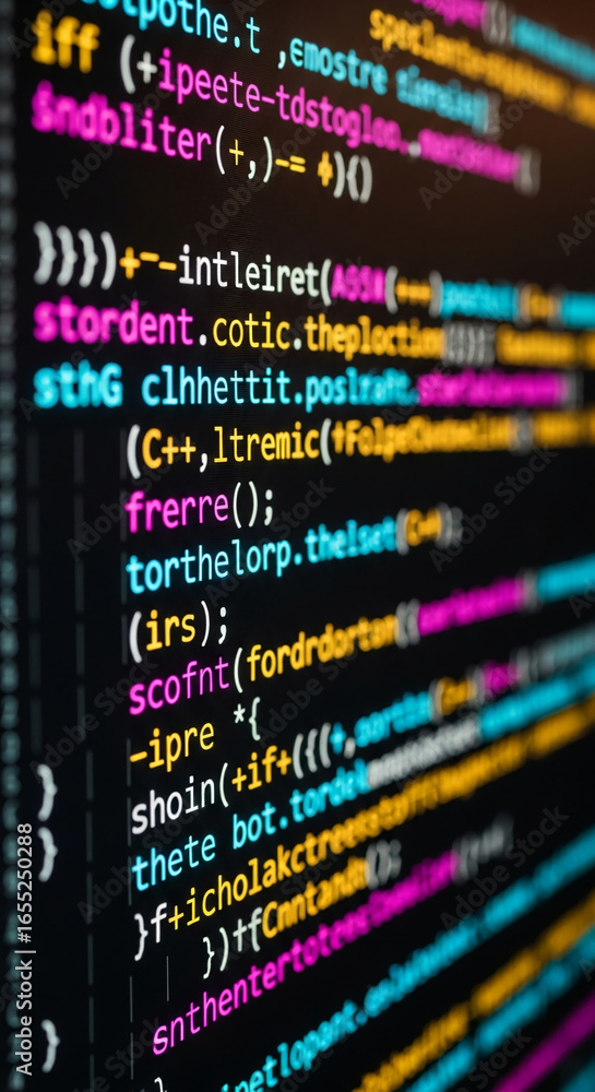 Aufkleber close-up of colorful code lines on a dark screen, showcasing programming, software development, and 