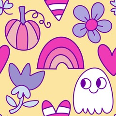 Obraz premium Autumn harvest vegetable seamless monster Halloween pumpkins pattern for wrapping paper and fabrics