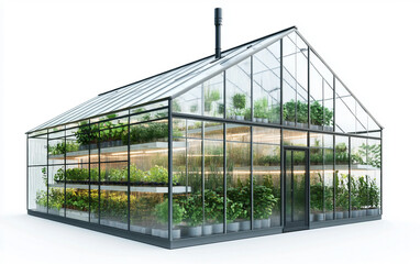 Fototapeta premium Modern greenhouse structure featuring glass panels for plant growth and cultivation isolated on white background PNG