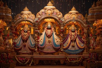 Ornate Night Festival Chariot with Glowing Deity Statues